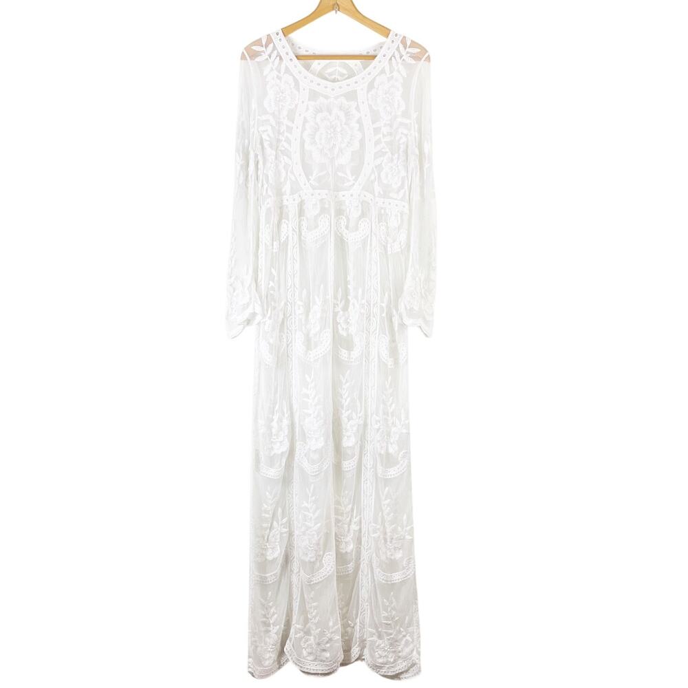 Modern White Boho Hippie Beach Long Sleeve Sheer Embroidered Maxi Dress READ